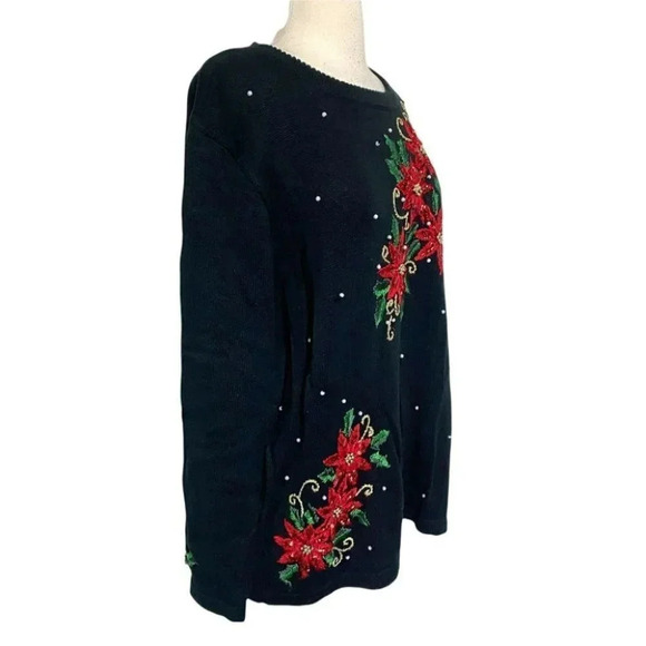 Vintage Basic Edition‎ Holiday L black sweater with embellished red poinsettia - Picture 4 of 6
